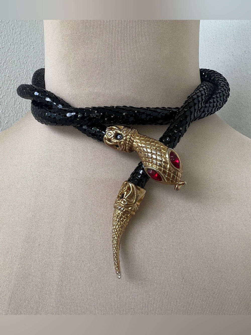 Vintage D.L.Auld Snake Belt Necklace Black Serpent Lariat Choker Red Eyes 32”